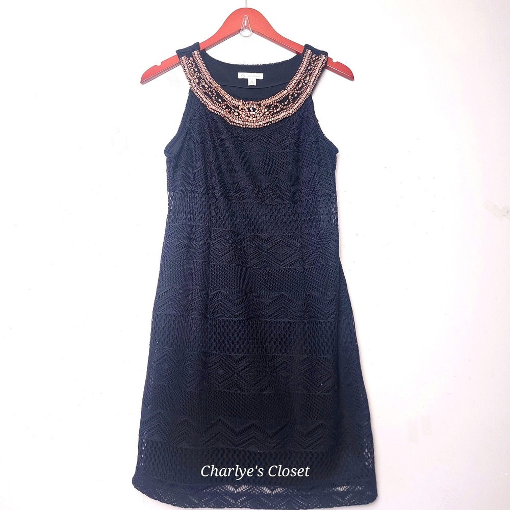 Catherines Crochet Lace Shift Dress 8 Black Beaded Neckline Boho Vacation Resort - Picture 2 of 9